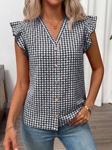SHEIN Clasi Women's Plaid Button V-Neck Ruffle Cuff Blouse - Black and White - View 4