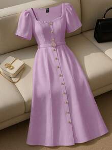 EMERY ROSE Women's Elegant Sweetheart Neck Button Front Short Sleeve Dress, Summer - Mauve Purple - View 5