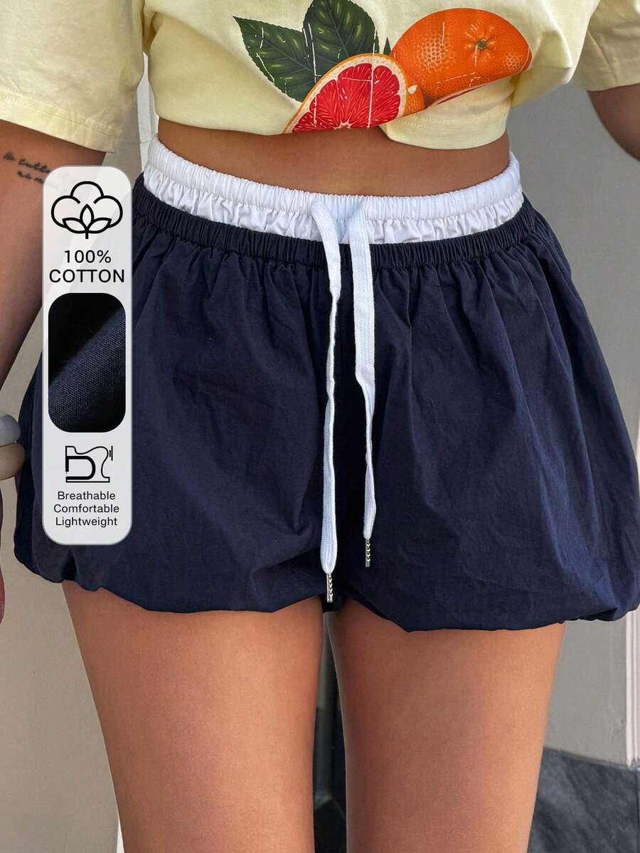 DAZY 拼接撞色荷叶边松紧腰抽绳低腰超短裙,休闲度假风,女士夏季 - 藏蓝色 - 查看 1