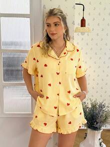 CottageSlumber Pink Heart Print Ruffle Collar Button-Up Short Sleeve Shorts Pajama Set Plus Size - Yellow - View 3