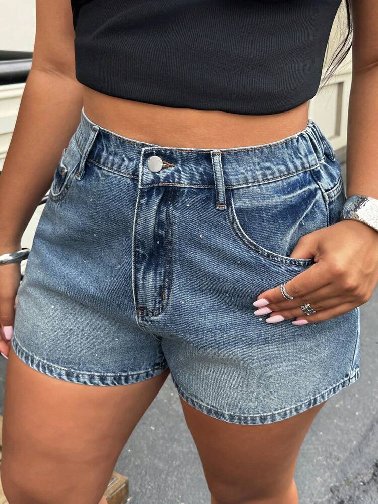 Dazy Plus Plus Size Women's Rhinestone Embellished Super Short Fitted Sexy Denim Shorts, Spring/Summer