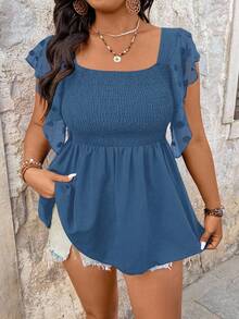 EMERY ROSE Plus Size Women Loose Casual Blouse With Flared Sleeves - Blue - View 1