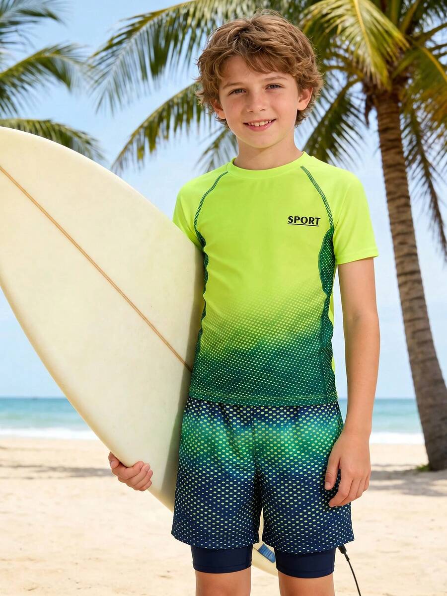 SHEIN 2pcs/Set Kids Tween Boy Casual Sports Solid Color Crew Neck Fitted Rash Guard And Print Beach Shorts Swimsuit Set Suitable And Beach Vacation Bathing