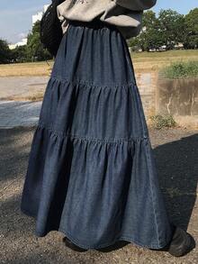 Dazy Tall Women's Elastic Waist Long Casual Denim A-Line Skirt - Medium Wash - View 3