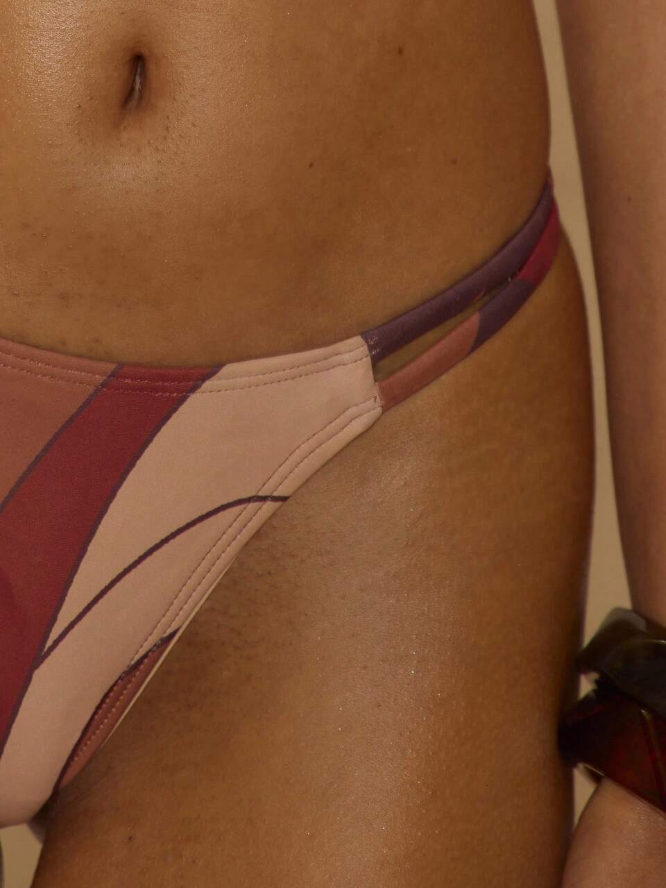Brown Multicolour Nylon Printed Double Strap High Waist Bikini Bottoms