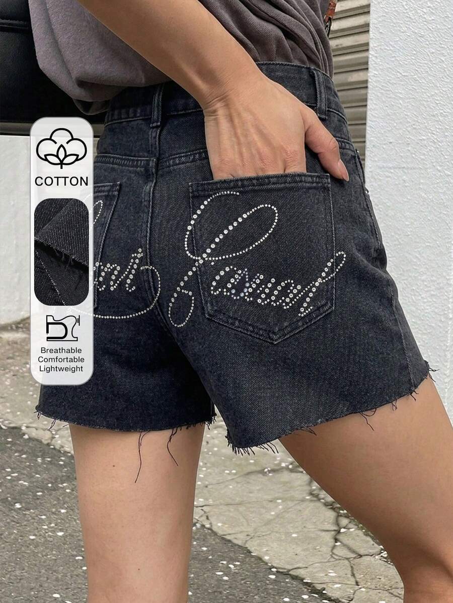 DAZY Rhinestone Decor Frayed Hem Loose Casual Denim Shorts For Summer - Black - View 1