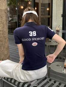 DAZY 女款領口印花修身短袖休閒基礎街頭風T恤 夏季圖案上衣 開學季高爾夫風 白色可愛上衣 - 藏蓝色 - 查看 4