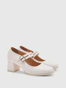 CUCCOO BIZCHIC 時尚舒適百搭黑色瑪麗珍粗跟高跟鞋，雙扣設計，學院風，適合夏季畢業季、舞會、返校季、大學生活、春假、復活節、聖誕節及其他場合 - 珍珠米 - 查看 8