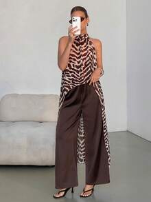 Lavishia Chemise en mousseline de soie sans manches à imprimé zébré à la mode pour femmes, convient pour l'été, les vacances, les fêtes et les tenues décontractées - Marron - Voir 5