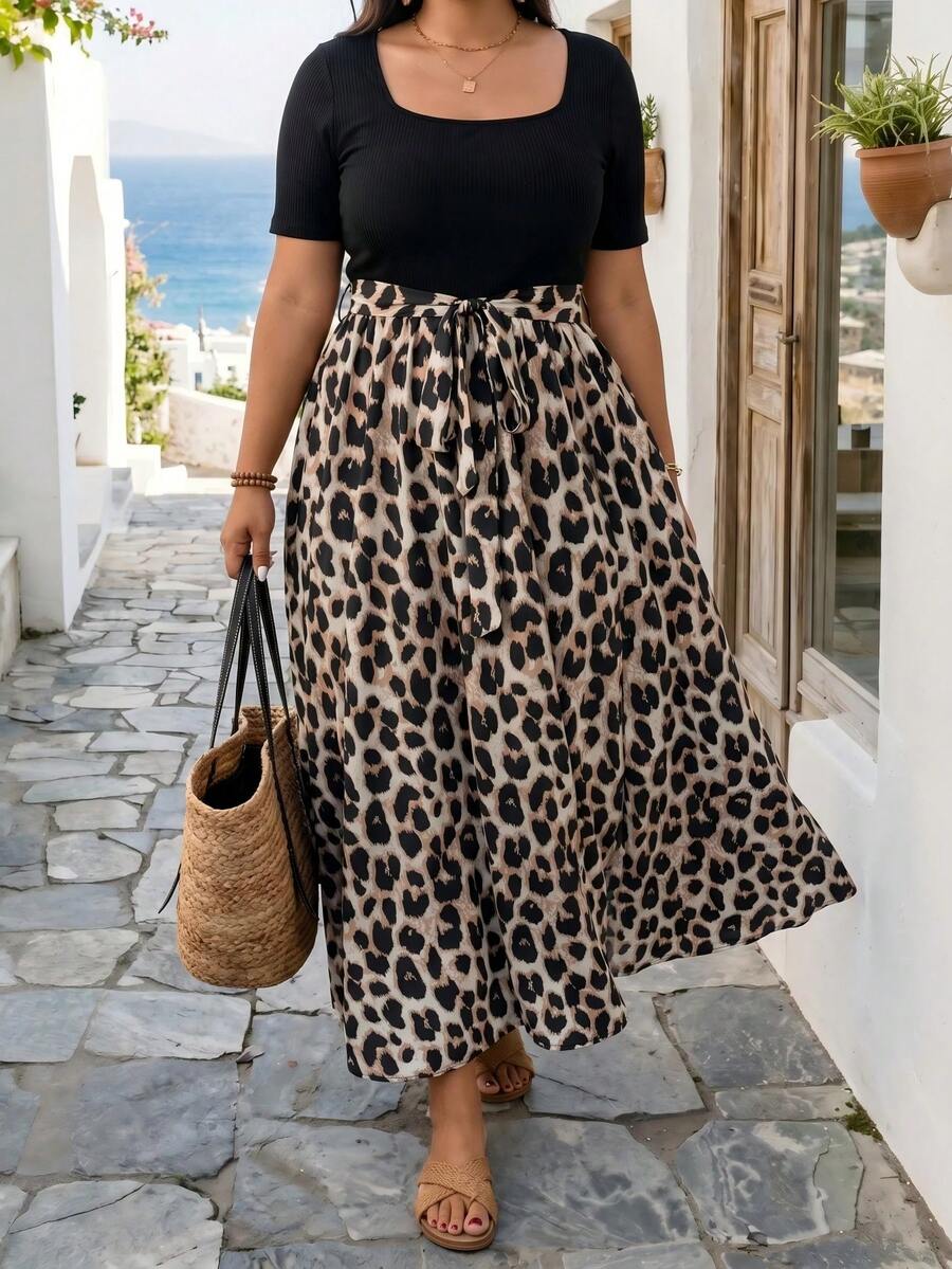 Embrisa Vestido corto de manga corta de unicolor con parches de estampado de leopardo para uso diario para mujeres de talla grande, ropa de otoño - Multicolor - Ver 1