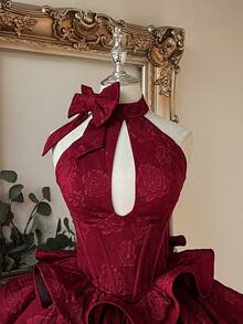 Lovelzi Gaun Formal Pendek Model A-Line Elegan Mewah Berwarna Burgundy dengan Tenunan Jacquard, Pita Buatan Tangan, dan Kerah Tegak, Cocok untuk Pesta, Wisuda, Pernikahan, dan Musim Panas. - Burgundy - View 8