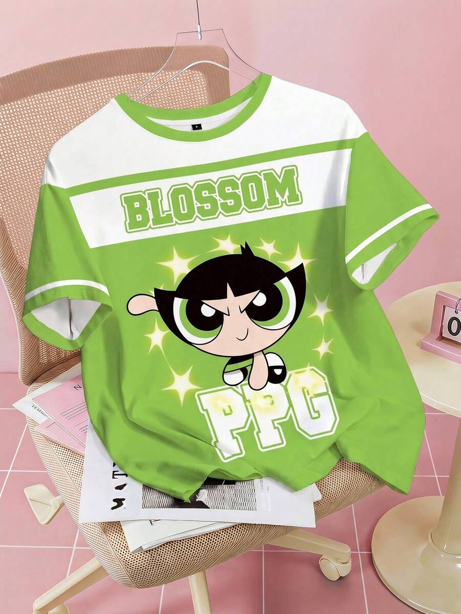 THE POWERPUFF GIRLS X SHEIN Women's Round Neck Short Sleeve Casual Versatile T-Shirt - - White - View 1