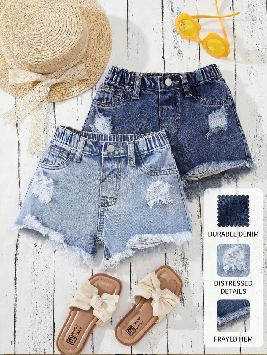 SHEIN 2pcs/Set Young Girl' Dark Blue & Light Blue Denim Distressed Shorts, School, Campus, College - Multicolor - View 1
