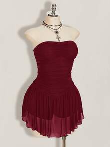 SHEIN ICON Vestido de malla plisado sin tirantes de unicolor para mujer talla grande - Burdeos - Ver 7