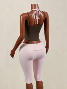 Mistrie Women's Summer Sports Casual 2 In 1 Halter Neck Tank Top And Knee Length Shorts Set - Pink - View 10
