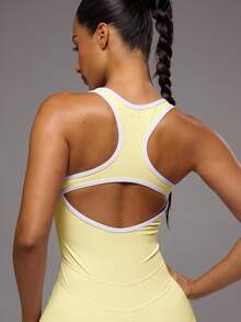 Musera Sport Contrast Cut Out Wide Leg Active Jumpsuit Sport Workout Gym Pilates Fitness Daily Girly Casual Hot Sweat Summer - Butter Yellow - View 2
