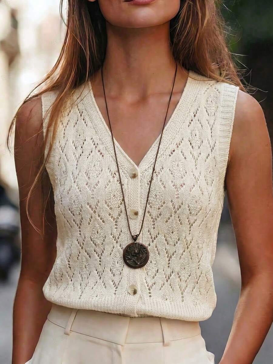 SHEIN Holidaya Women's Ivory Openwork Knit Vest,Summer V-Neck Sleeveless Leaf Pattern Granny Mother Tops,Button Front Closure,Ribbed Hem Trim,Vintage Casual Style - Apricot - View 1