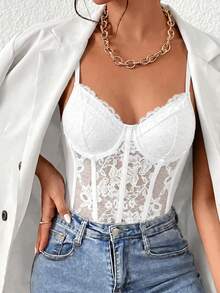 SHEIN Glamour 女款蕾絲性感透視日常穿搭細肩帶背心 - 白色 - 查看 3