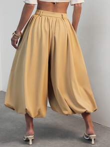 Hauture Pantalones de mujer sexy casuales de oficina de tela tejida lisa con cintura alta y forma de globo tipo burbuja - Caqui - Ver 4