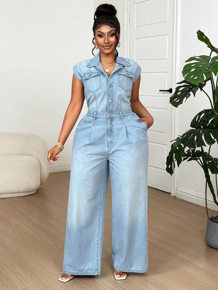 Dazy Plus Fashionable Faded Light Blue Washed Denim Jumpsuit, Casual Plus Size Women Spring/Summer Vacation Western Style
