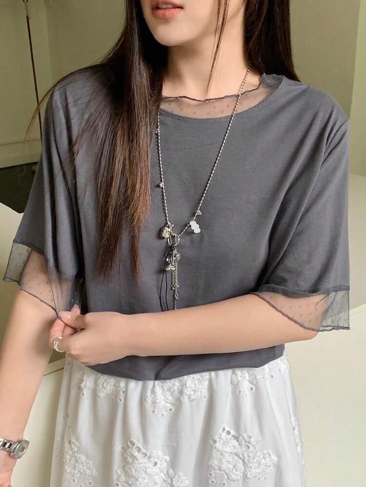Dazy Plus Plus Size Women's Casual Loose Mesh Patchwork Short Sleeve T-Shirt, Versatile For Spring & Summer