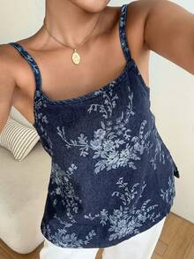 Dazy Plus Top de tirantes rectos de mezclilla con estampado floral, estilo vacacional, tallas grandes para mujer, primavera/verano - Azul lavado oscuro - Ver 5