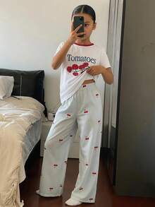 DAZY 對比色圓領圖案印花T恤套裝，休閒青少年女孩居家服 - 藍色 - 查看 4