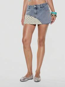 MUSERA Low Waist Distressed Hem Patchwork Detailing Denim Mini Skirt Summer Holiday Festival Cute Going Out Vacation Feminine Girly Y2k Bad Timing - Light Wash - View 5