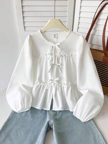 SHEIN 少女休閒簡約舒適圓領長袖蝴蝶結紋理布料上衣 返校季 - 白色 - 查看 6