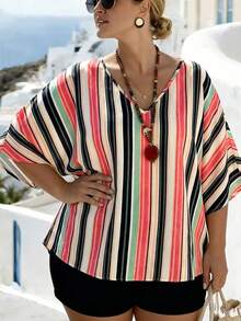 EMERY ROSE Camisa de talla grande estilo vacaciones con cuello en V, mangas murciélago y rayas, para cubrir el traje de baño en verano - Naranja - Ver 6