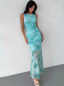 Aloruh Spring/Summer Vacation Floral Print Long Dress Backless Dress Elegant Party - Dusty Blue - View 4