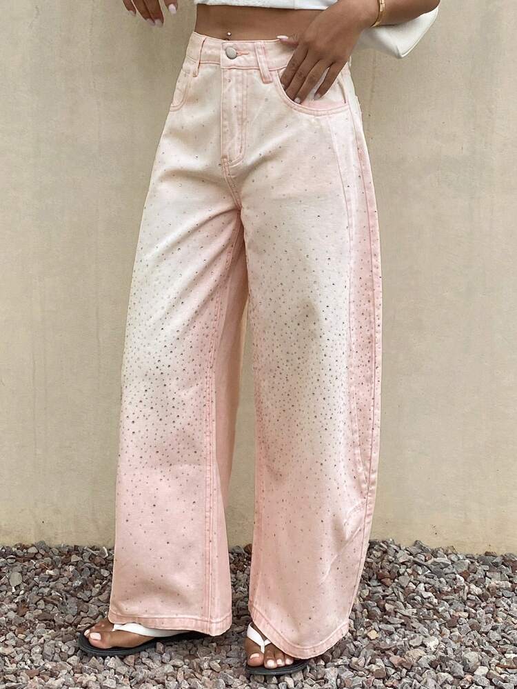 Women's Rhinestone Curved Leg Loose Pink Long Pants Vacation Style Jeans