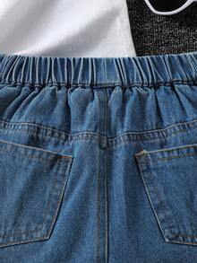 SHEIN Elladie kids 女童牛仔短褲，百褶牛仔裙褲，夏季新品，學院甜酷風，中藍色水洗牛仔色，適合夏季度假/音樂節，水洗鹽處理工藝，百褶裙褲廓形，舒適細棉牛仔面料，百搭日常穿搭，可搭配短袖T恤和白色運動鞋，適合夏季度假、派對聚會 - 中等水洗藍 - 查看 6