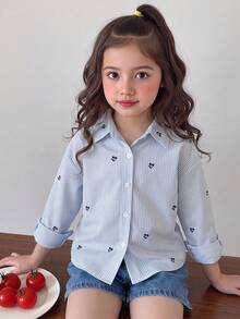 SHEIN Genkimix Kids 2025新款女童刺繡圖案長袖襯衫，秋季休閒上衣 - 彩色 - 查看 3