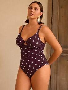 Shapewave Plus Size Women's Solid Color Special Fabric Spaghetti Strap Underwire One-Piece Swimsuit - Brown - View 4