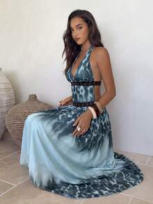 Aloruh Women's Gradient Halter Neck Casual Party Dress - Blue - View 6