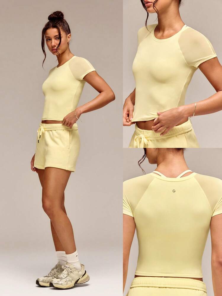 Glow Era Soft Stretchy Round Neck Slim Fit Cropped Short Sleeve Active Crewneck Tee Low-Impact Yoga Pilates Gym Studio Daily Casual Wear