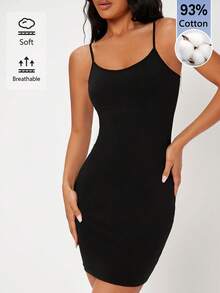 SHEIN BASICS 女款舒適極簡可調節細肩帶修身短洋裝，適合日常穿著 - 黑色 - 查看 5