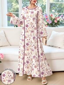 SHEIN Najma 復古端莊花卉枝條植物紫色蕾絲印花女款時尚V領長袖洋裝，白色優雅長裙，春夏服飾 - 彩色 - 查看 3