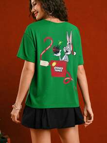 LOONEY TUNES X SHEIN Camiseta de manga corta con cuello redondo y estampado de dibujos animados navideños para mujer - Verde - Ver 2