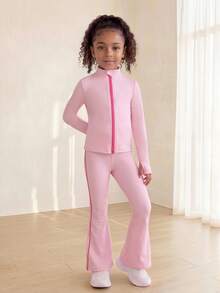 SHEIN Young Girls' Baby Pink Active Jacket Pants Set Side Contrast Color Design With Contrast Zipper High-Stretch Soft Fabric For Cycling Jogging Autumn - Pink - View 8