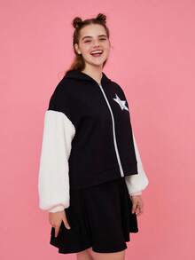 LOONEY TUNES X SHEIN Hơn Chữ cái & Đồ họa hoạt hình Thả vai áo có mũ Áo khoác - Đen và trắng - Xem 4