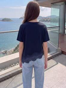 Elladie kids 青少年女孩純色蕾絲拼接不對稱下擺T恤 - 藏蓝色 - 查看 2