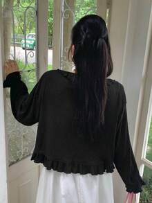 Dazy Plus V領純色短版綁帶長袖T恤 春夏可愛上衣 - 黑色 - 查看 7