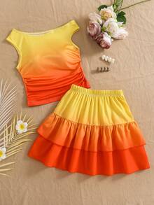 Tween Girl Gradient 2 Pieces Set. Vibrant Yellow-Orange Gradient Design, Beach, Outfits, Concert, Fitted, Chic, Leggings, Gym, Yoga, Casual, Y2K - Burnt Orange - View 8