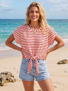 Sylviya Blusa Casual Feminina de Férias de Verão com Listras para Praia - Multicolorido - Visão 3