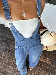 Rivivi Damen Frühjahr/Sommer Mode Lässig Gerade Beine Washed Denim Latzhose - Mittele Waschung - Übersicht 7