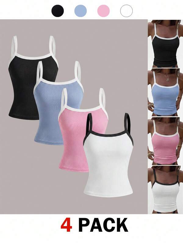 SHEIN TEENGIRL 夏季運動風拼色休閒細肩帶背心，黑&白&粉&藍 4 件組針織網球背心上衣