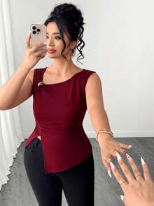 SHEIN Clasi Plus Size Women's Fashion Elegant Solid Color Asymmetric Shoulder Strap Tank Top Office Burgundy Summer - Burgundy - View 7