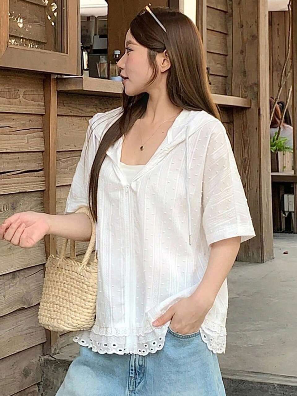 Women's Hooded Long Sleeve Loose Textured Fabric Lace Patchwork Casual Vacation Style Regular Jacket